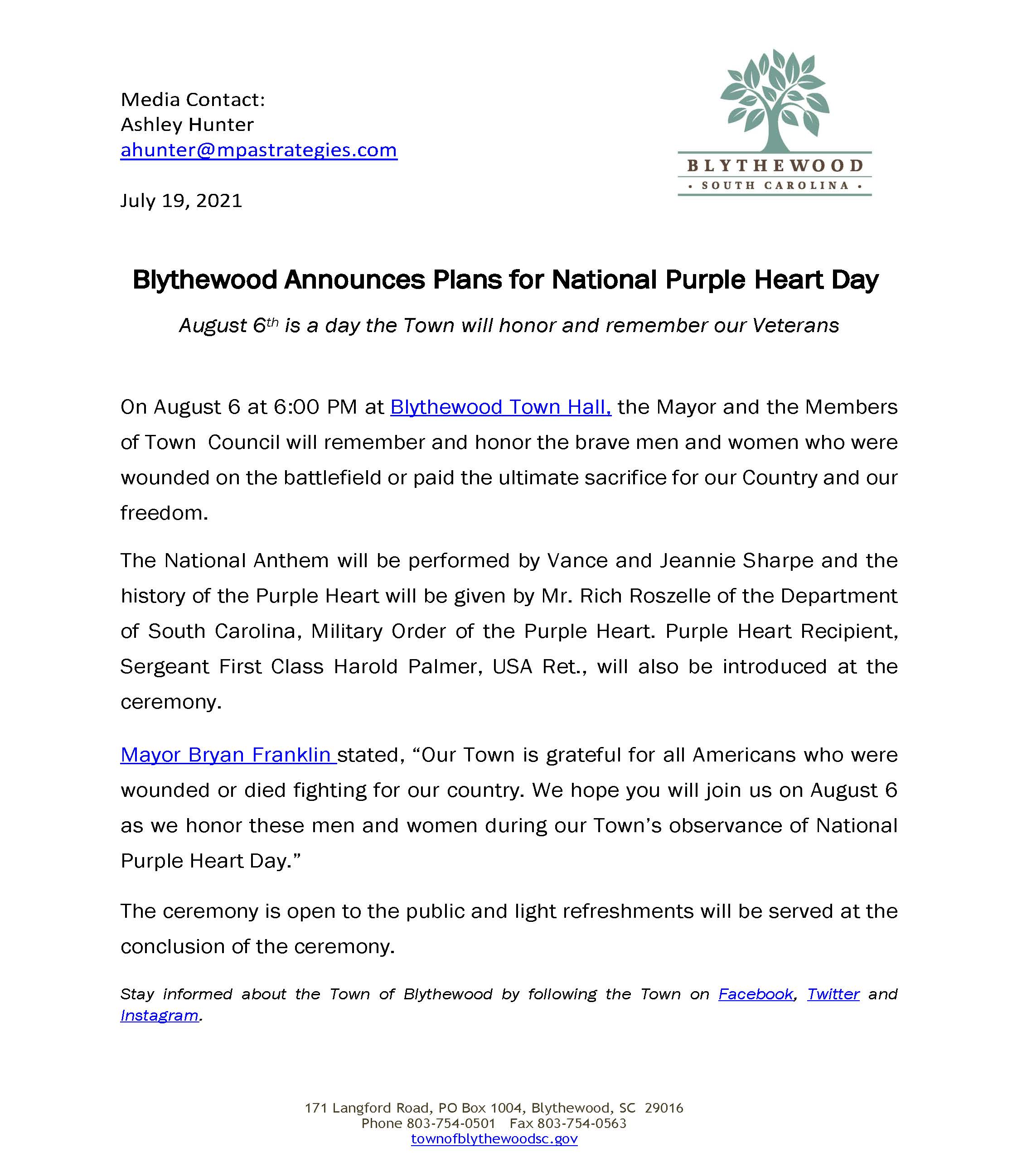 Blythewood Announces Plans for National Purple Heart Day
